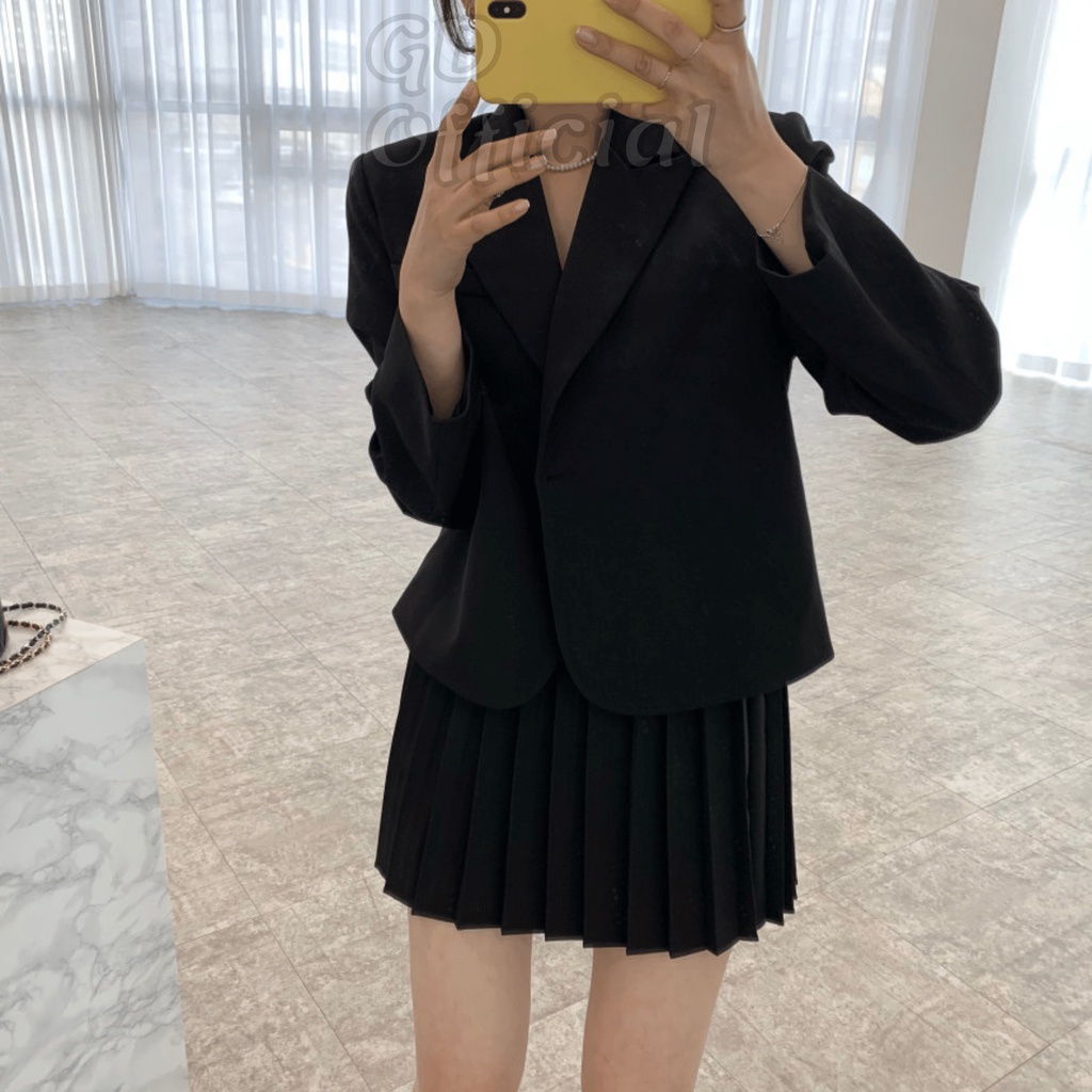 B28|Set bộ áo blazer dài tay nút cài hai lớp dày dặn, váy vest cho nữ xếp ly cạp lưng cao hàn quốc be, đen GD Official