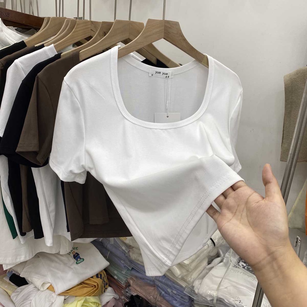 Áo Thun Tay Ngắn Cổ Vuông Màu Sắc Đơn Sắc Thời Trang Mùa Hè Quyến Rũ Cho Nữ