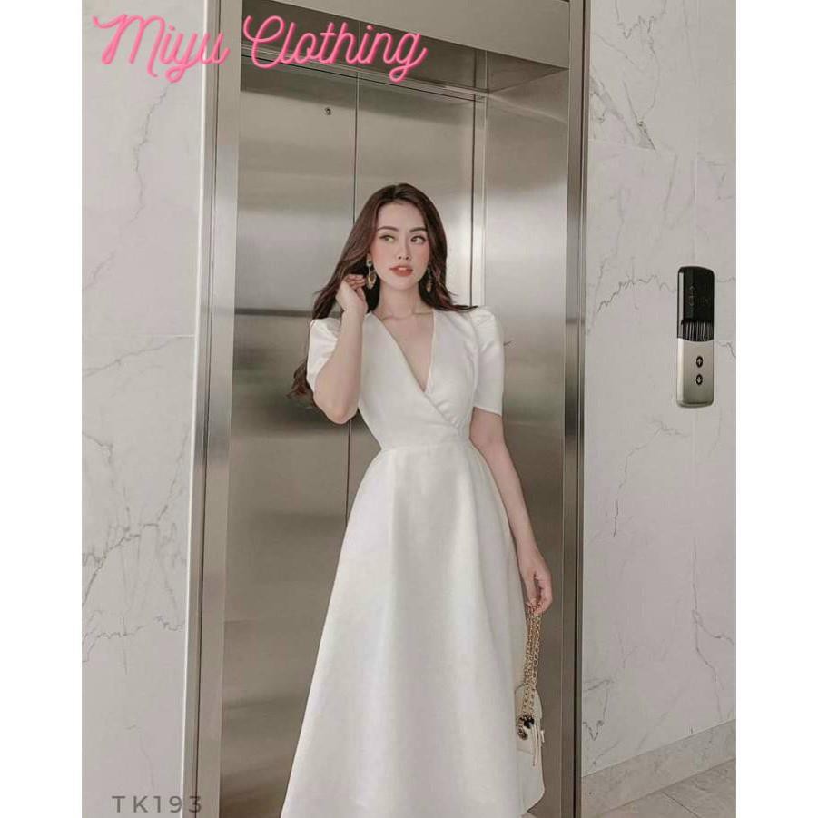 Váy đẹp dự tiệc đỏ đầm trắng sang trọng nữ đi tiệc cổ tim dài dáng xòe tay phồng Miyuclothing
