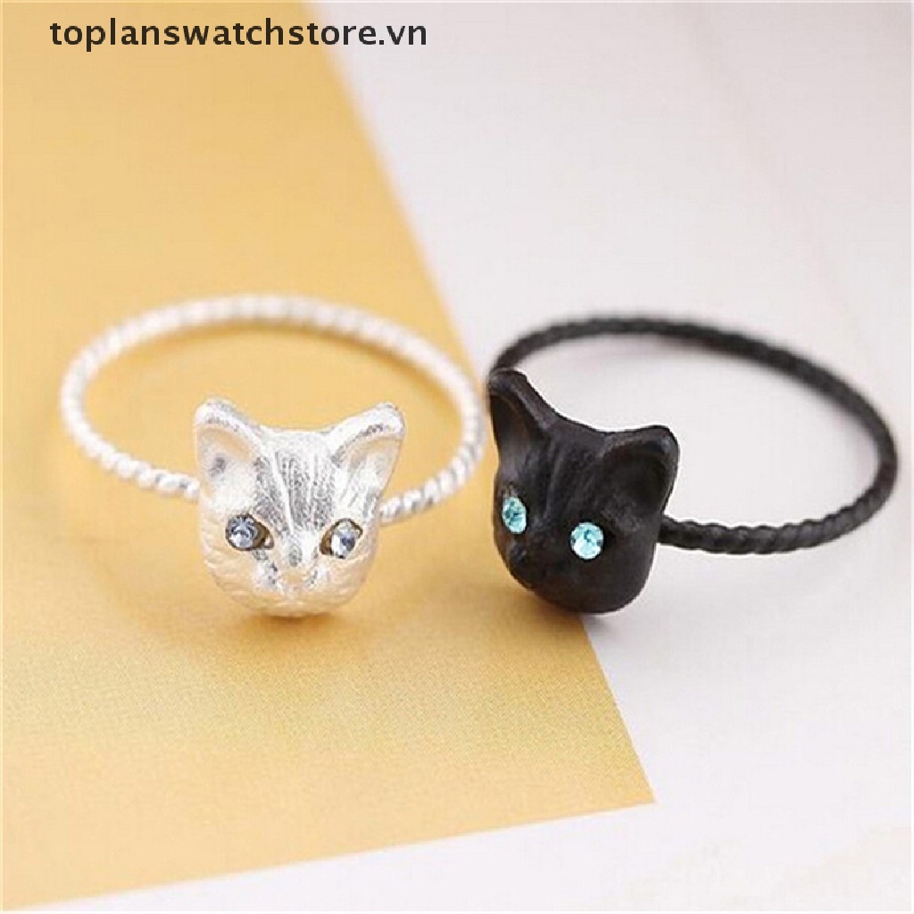 1 Nhẫn Mini Hình Mèo Đính Đá Màu Đen / Vàng / Bạc