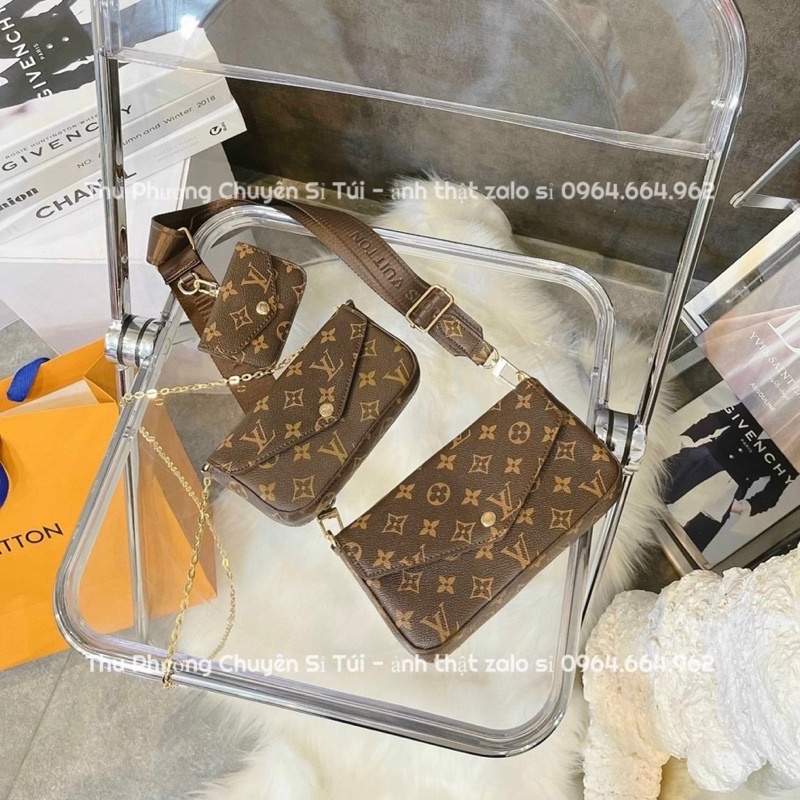 Sét túi 3 món đeo chéo, đeo vai nâu logo in hàng đẹp, chất da cao cấp (hàng chuẩn hình)