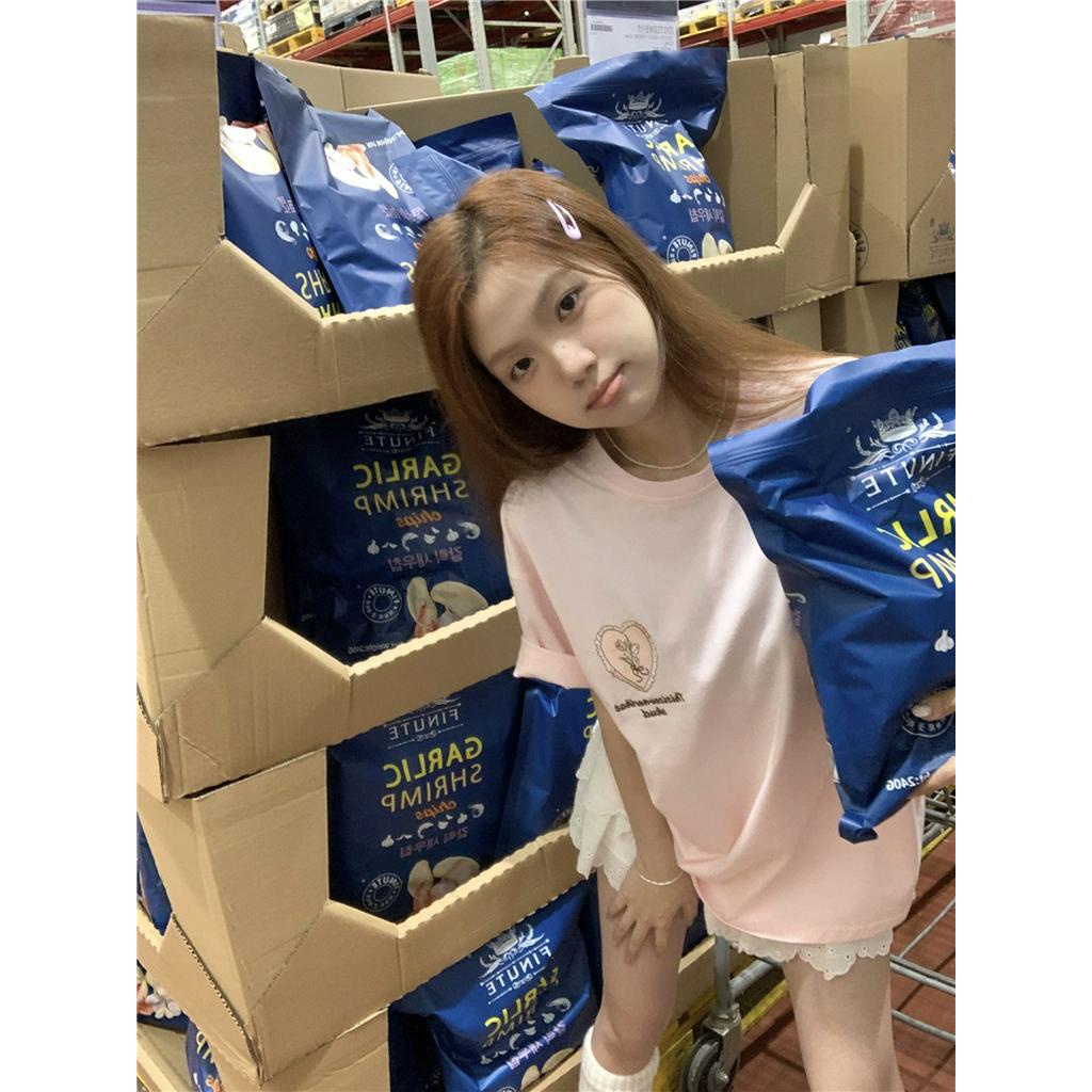 Áo Thun Dáng Rộng Ngắn Tay Thêu Hình Trái Tim Phong Cách Hàn Quốc 64244