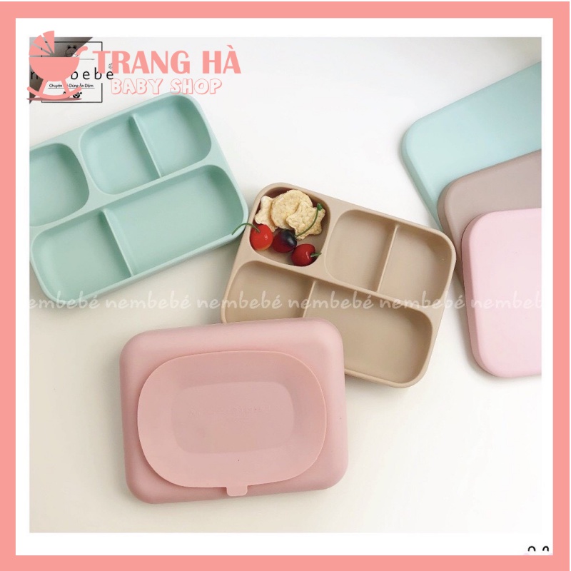 Khay Ăn Dặm Chống Đổ Silicon Có Nắp Đậy Cao Cấp BobbyDoll Cho Bé, Khay Ăn Dặm Hình Chữ Nhật Chất Liệu Silicon Cap Cấp