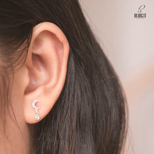 Bông Tai, Hoa Tai Bạc Nữ 925 BLING IT Thiết Kế Hình Mặt Trăng Đính Đá Lấp Lánh - BIBT439