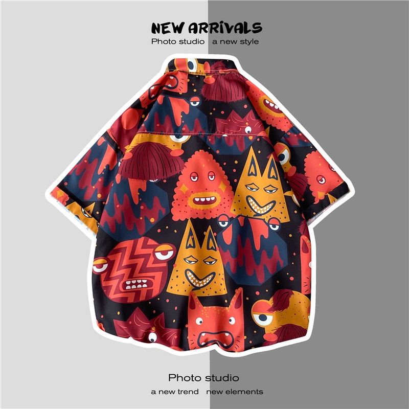 Áo Sơ Mi Tay Ngắn Dáng Rộng In Hoạt Hình Kiểu Nhật Bản Cá Tính Cho Nam Size M-3Xl