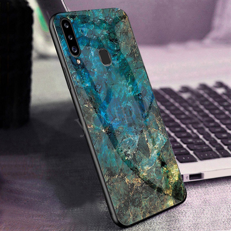 For Samsung Galaxy A20S Glossy Marble Pattern Hard Tempered Glass Back Soft Silicon Frame Case Cover