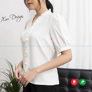 Áo sơ mi nữ công sở cộc tay chất lụa cổ V XUU DESIGN TK20.69