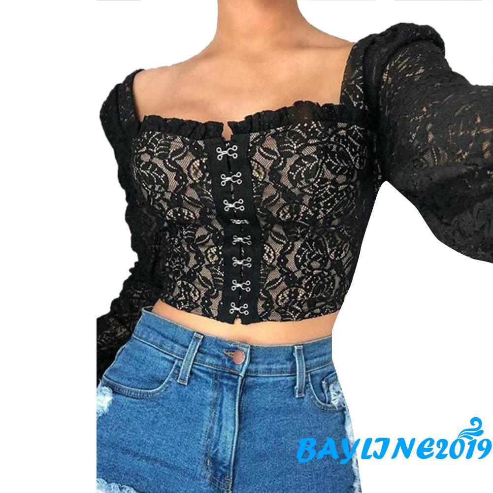 Áo Croptop Cổ Chữ U Phối Ren Màu Trơn Quyến Rũ Dành Cho Nữ