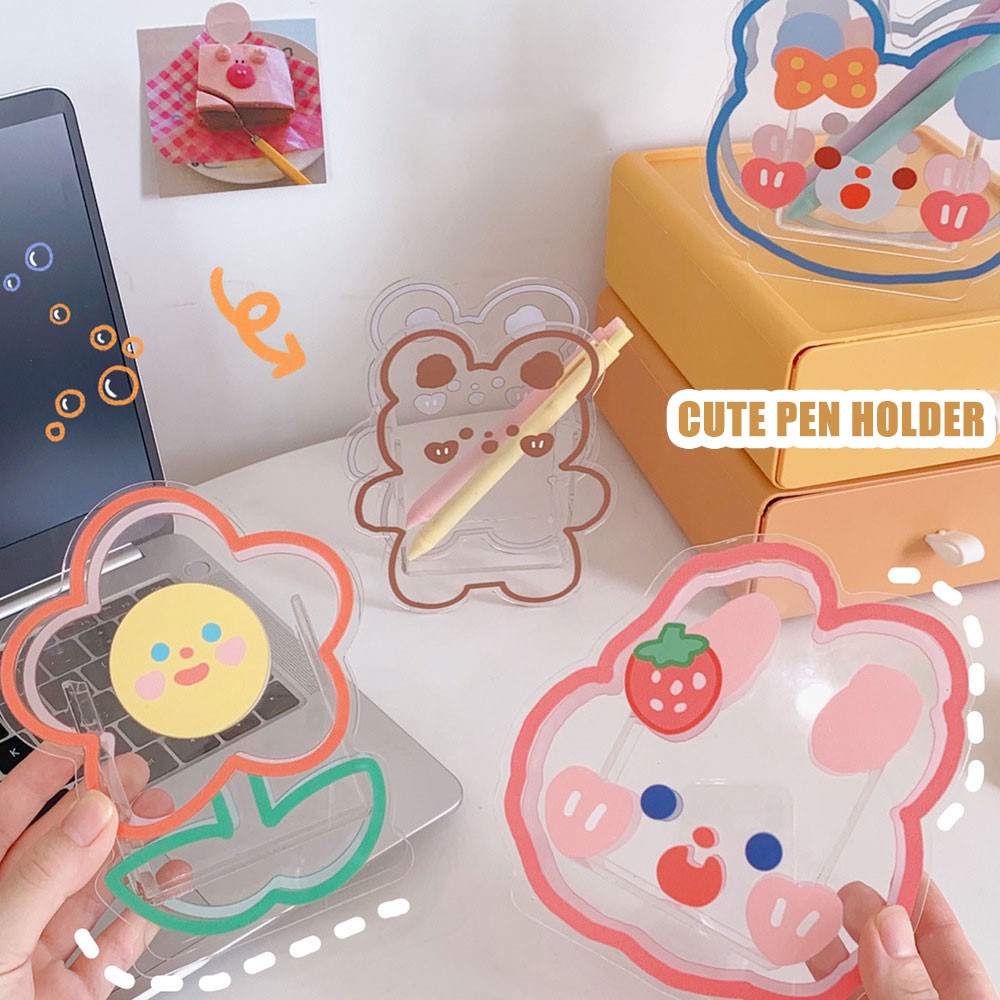 Hộp Đựng Bút/Đồ Trang Điểm Để Bàn Đa Năng Trong Suốt Họa Tiết Gấu/Thỏ Hoạt Hình Độc Đáo