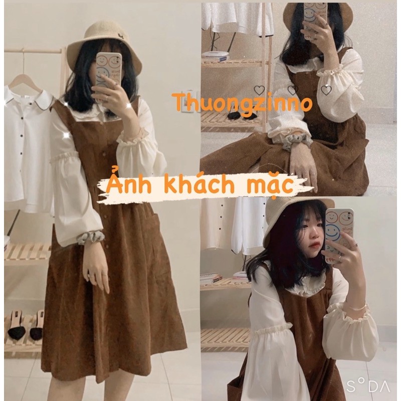 [Ảnh thật/Video] Set yếm nhung vintage dáng babydoll kèm áo cổ sen tiểu thư Set yếm vintage phong cách Hàn Quốc