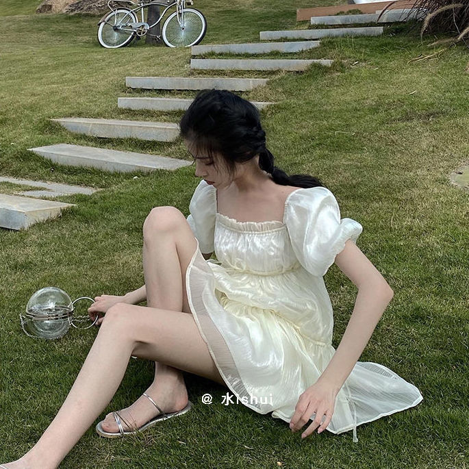 Anna's Sweet and lovely girl gauze high waist slim square collar bubble sleeve dress female princess dress 2021 spring new style | BigBuy360 - bigbuy360.vn