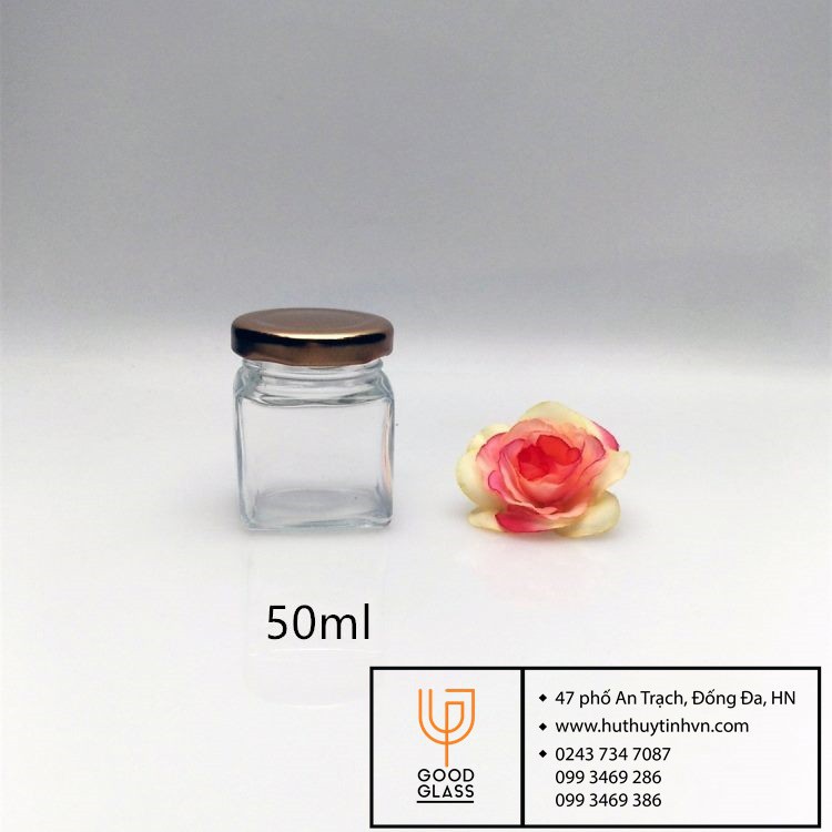 Hũ thủy tinh/ Lọ thủy tinh vuông nắp nhôm xoáy đựng saffron, mật ong 50ml