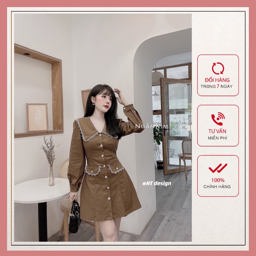 Váy Tiểu Thư Tay Dài - Váy Viền Ren 2 Màu Tay Phồng Cổ V Kiểu Vintage