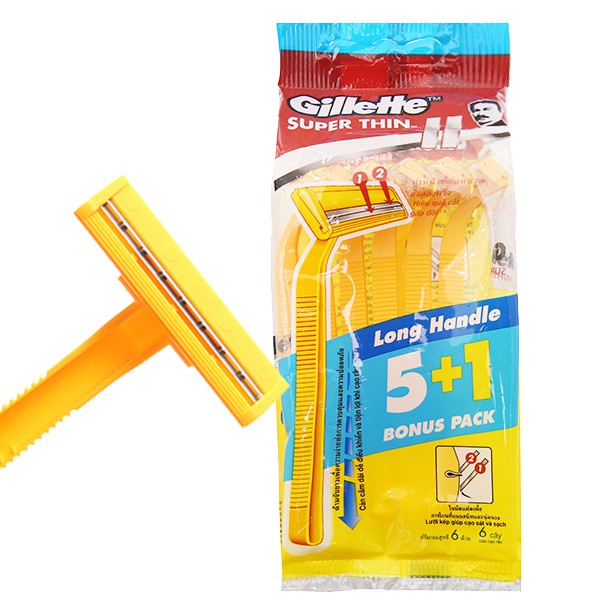 Combo 6 cây Dao cạo râu Gillette Super Thin Long Handle Bonus Pack