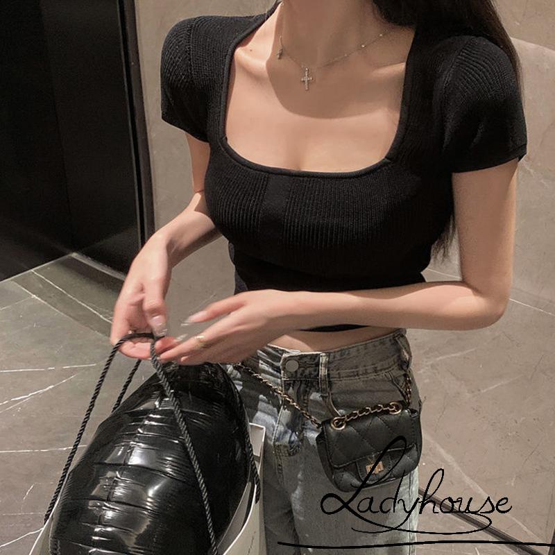 Áo Thun Dệt Kim Tay Ngắn Màu Trơn Cổ Vuông Hở Rốn Thời Trang Cho Nữ