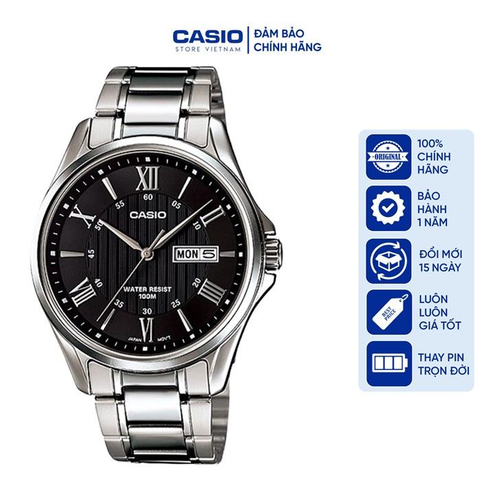 Đồng hồ Nam Casio MTP-1384D-1AV, đồng hồ chính hãng, dây bạc mặt đen