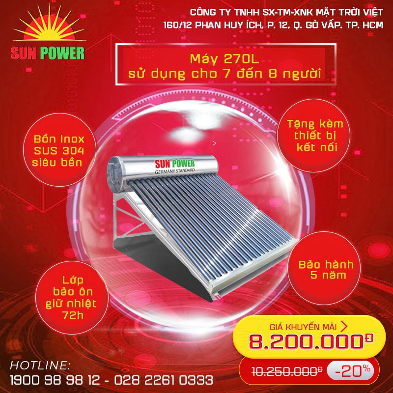 Máy nước nóng năng lượng mặt trời Sunpower - 270 lít. Phù hợp với gia đình có 7,8 người.