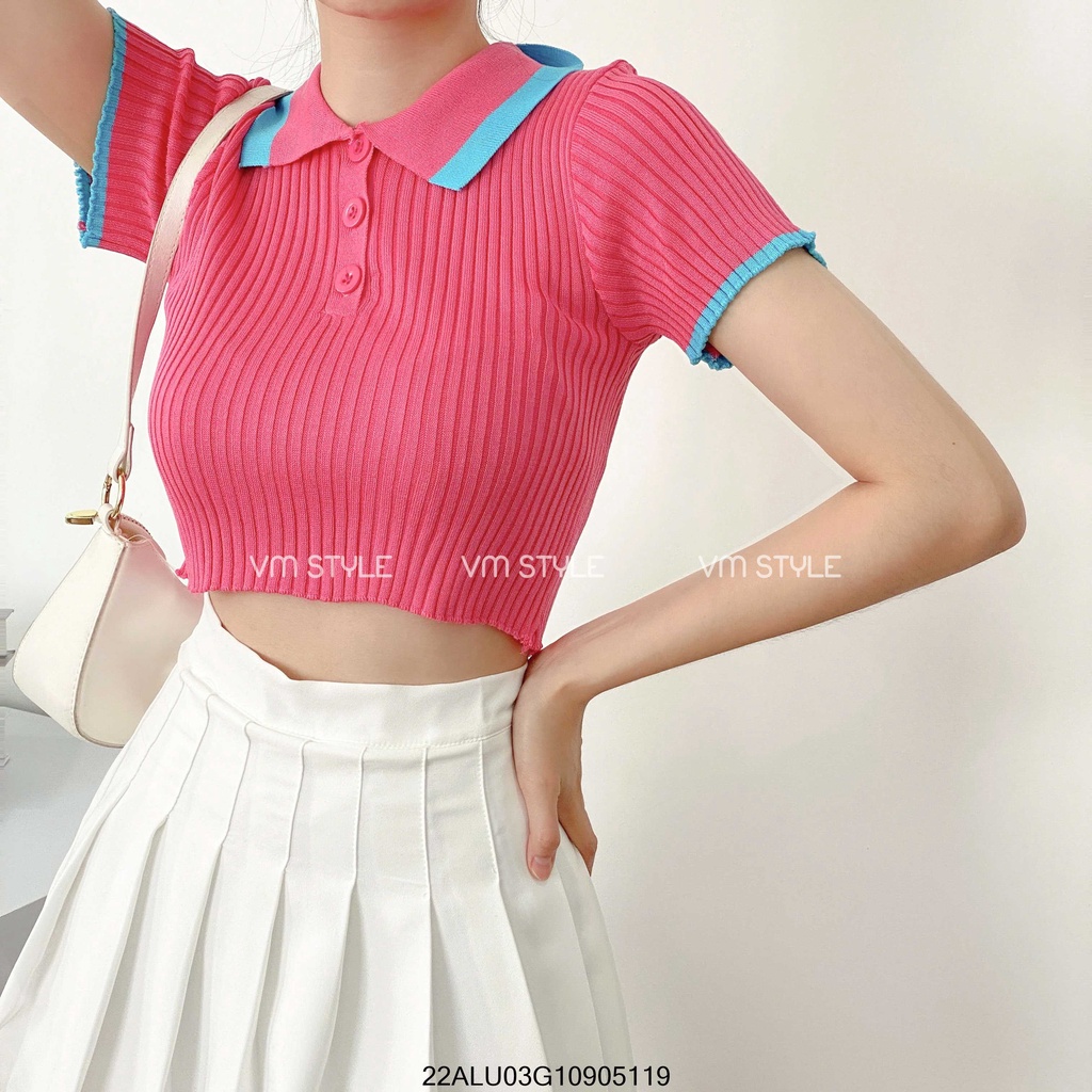 Áo len nữ VM STYLE tay ngắn cổ bẻ 3 nút viền màu 20542 22ALU03G10905