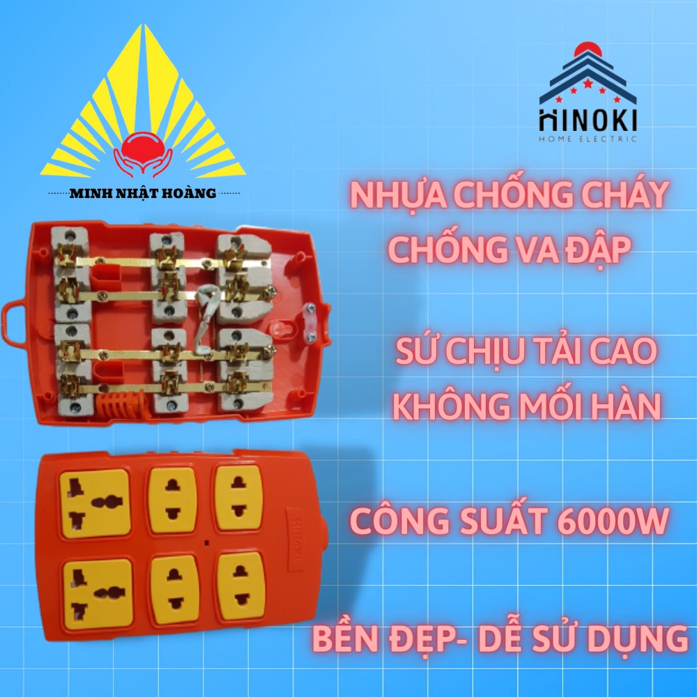 Ổ cắm điện 6 cửa chịu tải đa năng lõi sứ chống cháy, ổ điện rời 6 lỗ 6000w HINOKI
