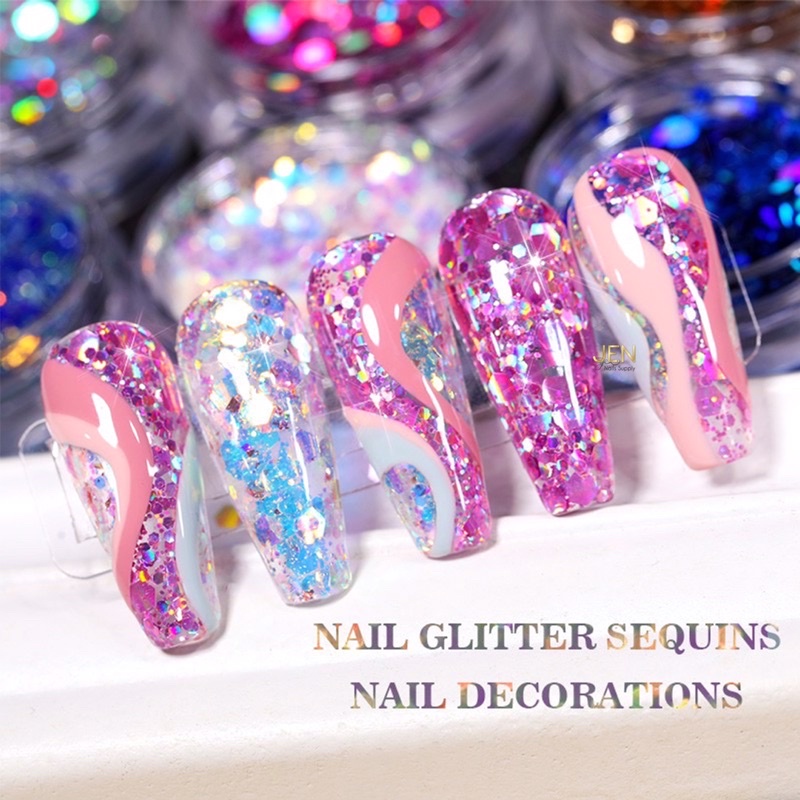 Nhũ kim tuyến lục giác 12 màu-phụ kiện nail móng