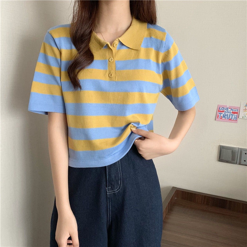 HPCL📣Áo Sweater ngắn tay họa tiết kẻ sọc phong cách Hàn quốc | BigBuy360 - bigbuy360.vn