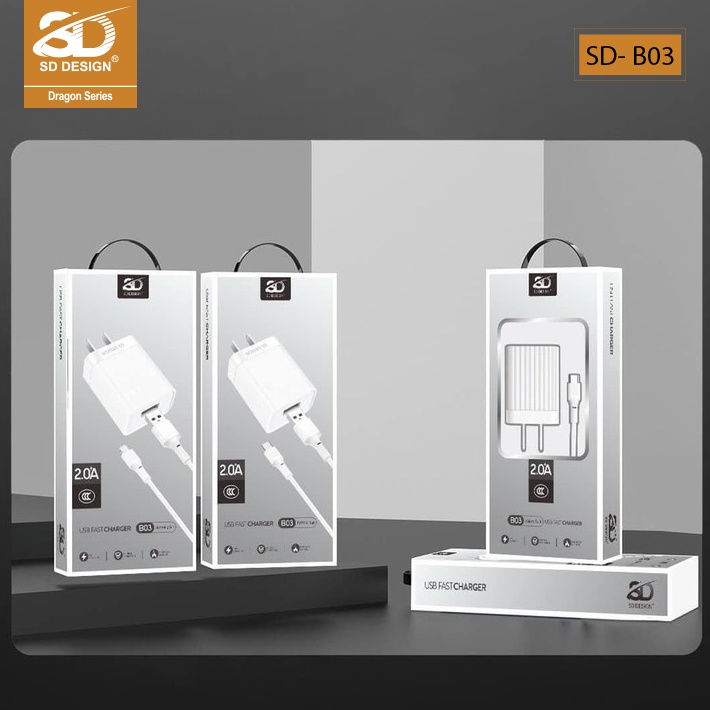 Bộ Cáp sạc nhanh QC2.0 SD DESIGN B03 chính hãng Sạc an toàn đầy đủ chân sạc cho tất cả thiết bị bảo hành 1 đổi 1