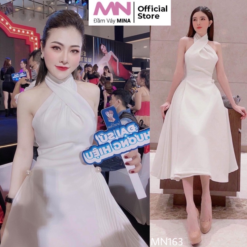 Đầm trắng dự tiệc thiết kế cổ yếm dáng dài sang trọng chất liệu Cotton phù hợp dạo phố, đi chơi MN163