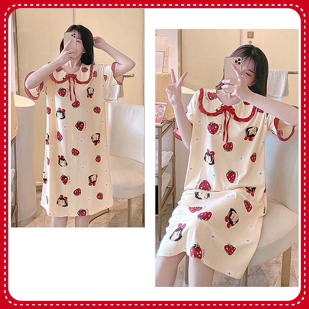 Váy ngủ, Đầm ngủ dễ thương ngắn tay Cổ bèo phong cách tiểu thư xinh xắn