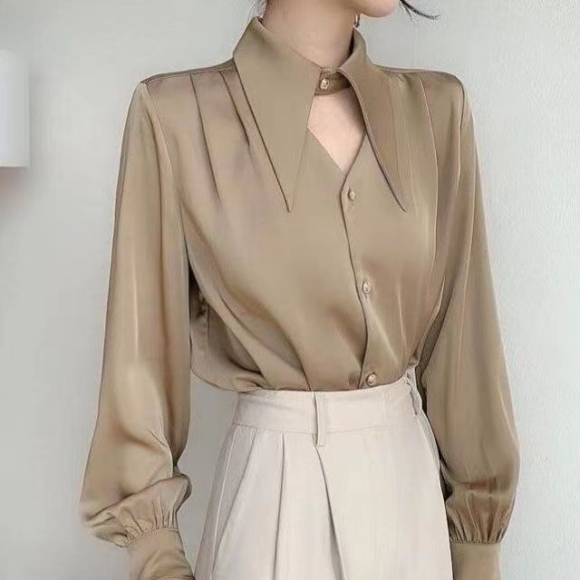 Áo sơ mi cổ V bằng lụa satin có 4 màu thiết kế đơn giản phong cách Hồng Kông dành cho nữ
