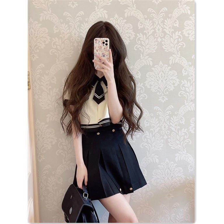 Phong Cách Mới Jiashucheng#Bộ Áo Sơ Mi + Chân Váy Xếp Ly Đáng Yêu Thời Trang Cho Nữ