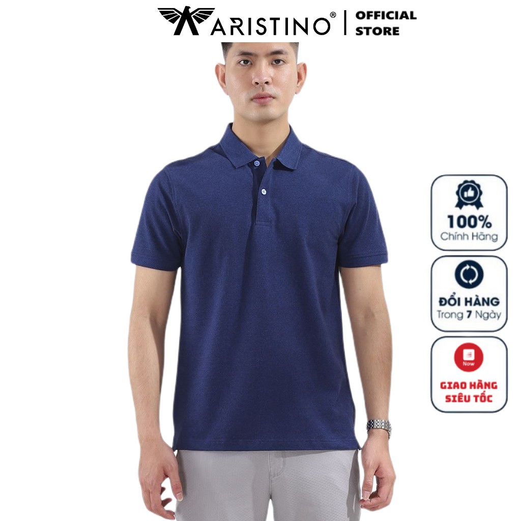 Áo Thun Nam Tay Ngắn Có Cổ Aristino APS012S8 Màu Xanh Tím Than Kiểu Dáng Regular Fit Chất Liệu Cotton