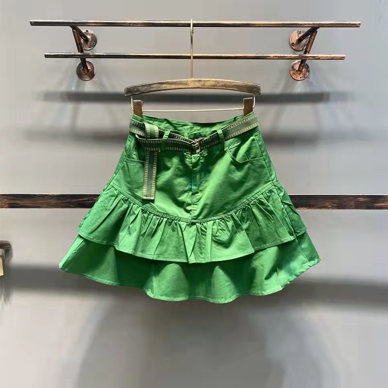 Jiashucheng Chân Váy Chữ a Lưng Cao Nhún Bèo Màu Xanh Lá Phong Cách Hàn Quốc Thời Trang Xuân Hè Dành Cho Bạn Nữ