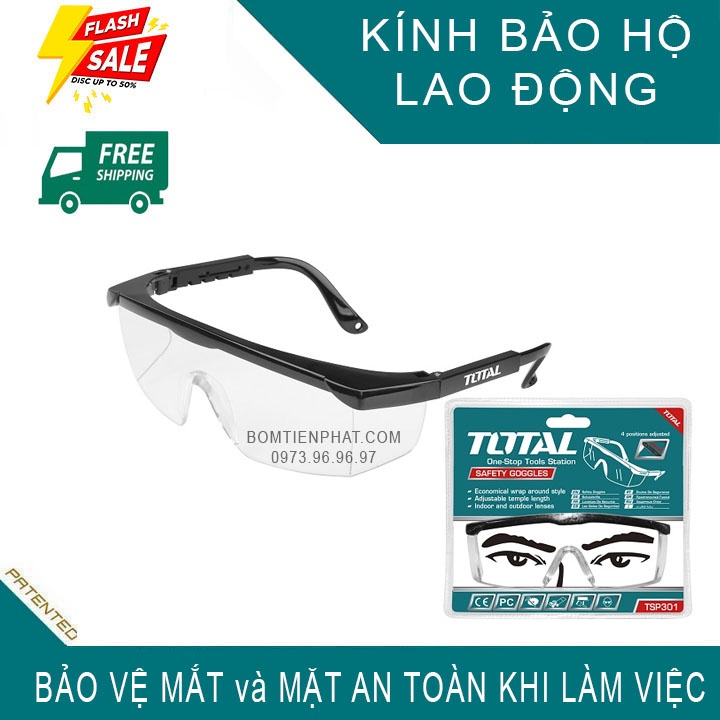 Kính mắt bảo hộ lao động chống vật bắn vào - Kính đi đường chống bụi, Kính trong suốt chính hãng TSP301 TOTAL TOOLS WORD