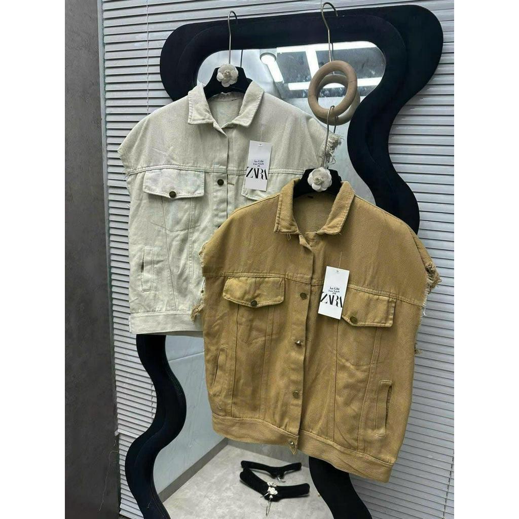 Áo khoác gile jean trơn nữ tay tua rua màu đen nâu be, áo gile bò demin jackit thể thao nam nữ form rộng unisex ulzzang