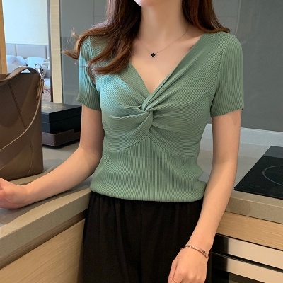 Áo Thun Nữ Ngắn croptop Tay Cổ Chữ V Thắt Nút Chéo Màu Trơn Thời Trang Phong Cách Hàn Quốc 2022