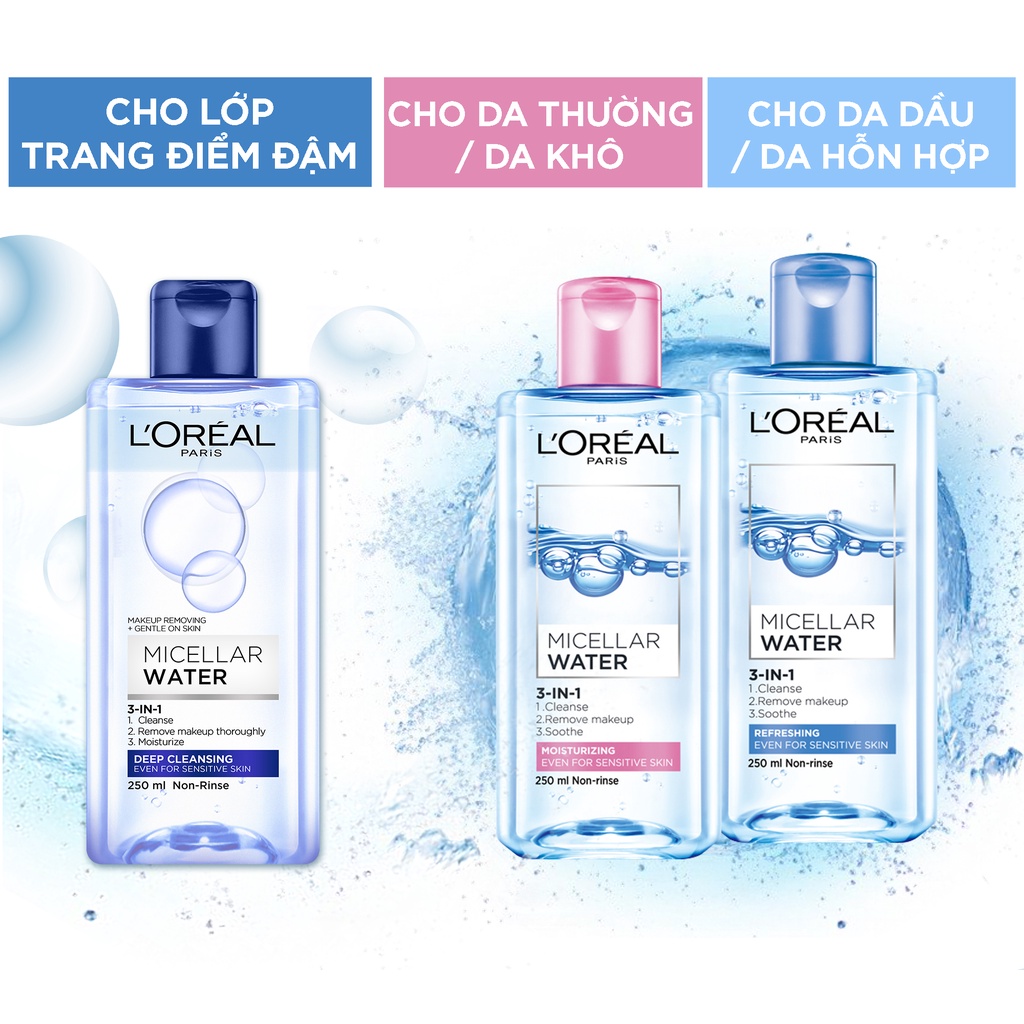 Nước Tẩy Trang Làm Sạch Sâu, Dưỡng Ẩm Cho Mọi Loại Da L'oreal 3-in-1 Micellar Water 400ml