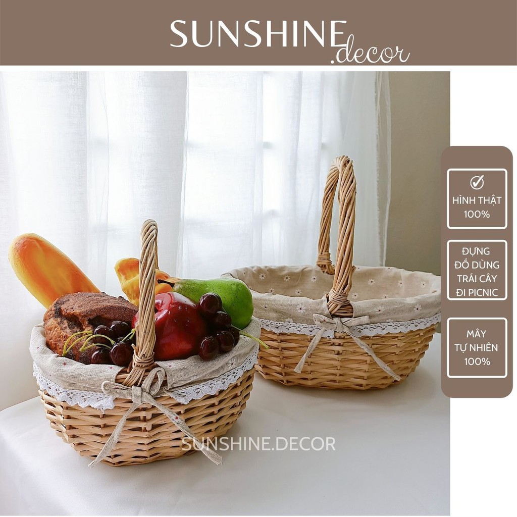 Giỏ Mây Đựng Đồ đi Picnic Có Quai Xách và Lót Vải Phong Cách Vintage-Sunshine.decor