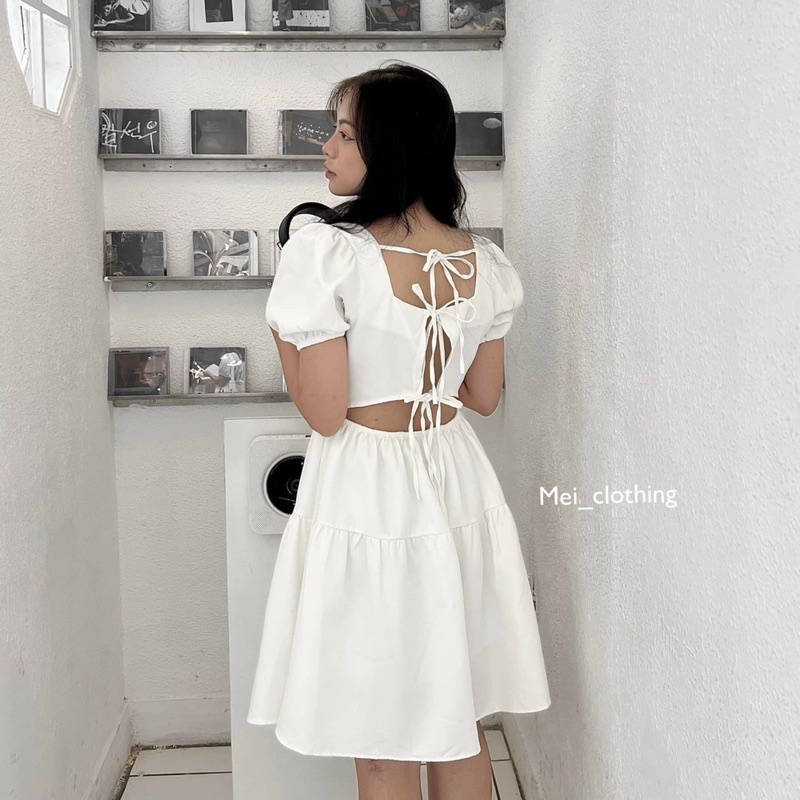 [Ảnh thật/video] Váy babydoll trắng kiểu buộc dây hở lưng quyến rũ