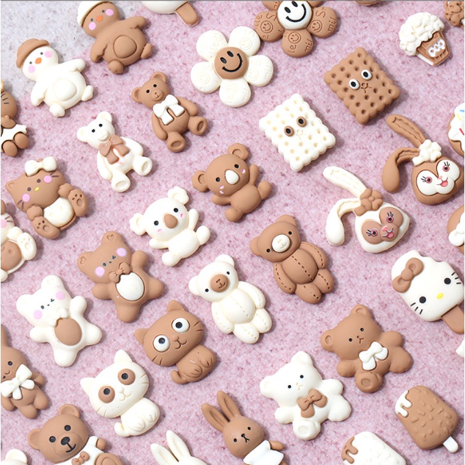 Charm gấu nâu, thỏ, kitty màu chocolate nâu và trắng trang trí kẹp tóc, dán Jibbitz, bình nước, vỏ ốp điện thoại, DIY