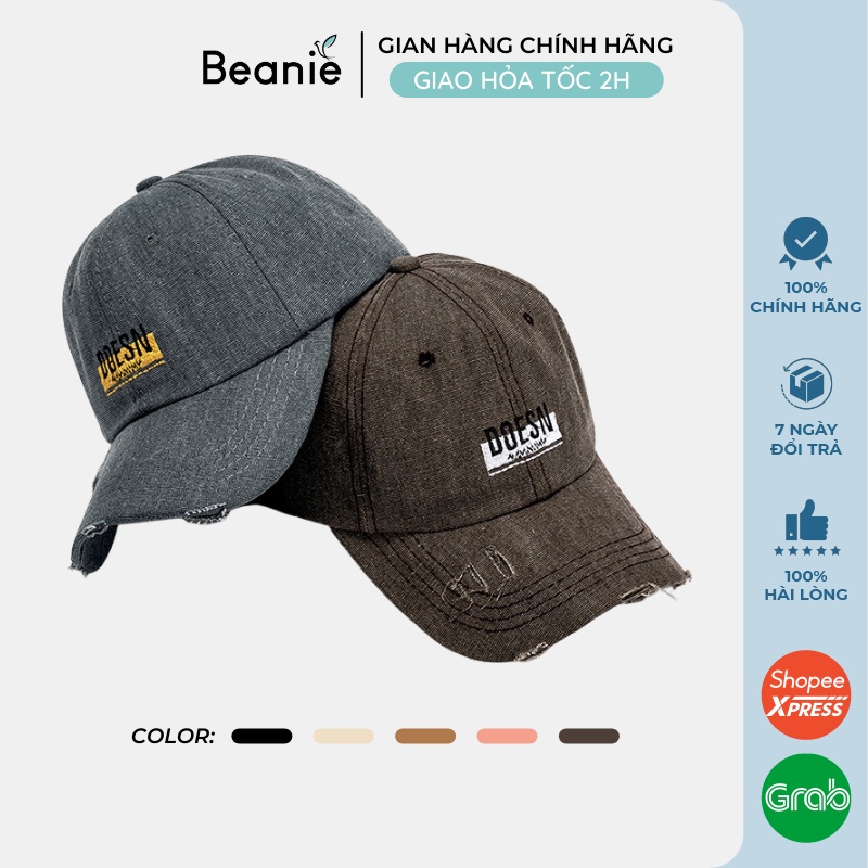 Mũ Lưỡi Trai Rách BEANIE Thêu Chữ DOESN Vải Kaki Cao Cấp Unisex Nam Nữ Đẹp, Nón Kết Lưỡi Chai Mềm Hàn Quốc Đen Be LT07