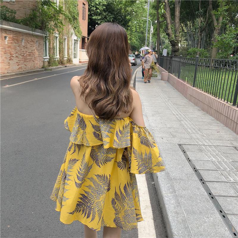 IELGY Đầm Hở Vai Cổ Lá Sen Phong Cách Hàn Quốc Ngọt Ngào Cho Nữ