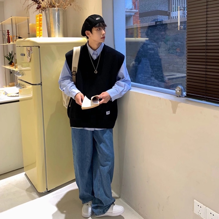 Áo khoác ghi lê dáng rộng cổ V phong cách Hàn Quốc mùa thu đông cho nam