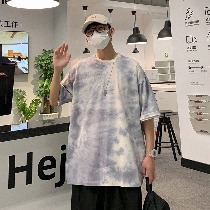 Áo thun tay lỡ form rộng nam nữ Loang Màu Xanh Đen cotton độc lạ, áo phông rộng nam nữ mặc được tay lỡ cổ tròn