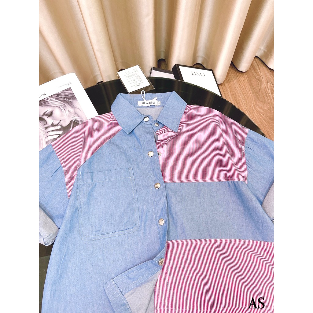 ÁO SƠ MI NỮ  TAY LỬNG , DENIM BÒ XANH PHỐI HỒNG TÚI NGỰC VẠT