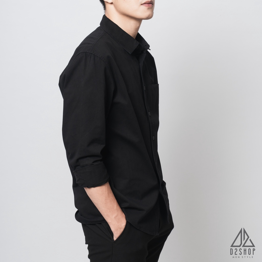 Áo sơ mi nam D2shop, áo sơ mi dài tay nam, vải xéo, túi mổ, màu đen
