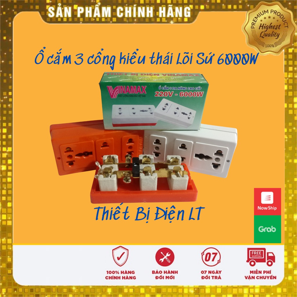 Ổ Cắm Điện 3 Lỗ Cắm Kiểu Thái Lõi Sứ Vinamax Chịu Tải 6000W