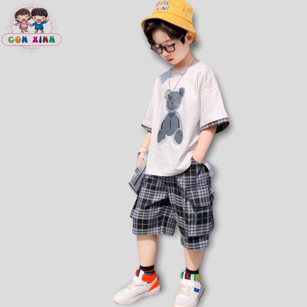 Bộ đồ bé trai CON XINH cotton phối quần caro Gấu nhồi bông,set quần đùi áo thun cho trẻ em từ 4 đến 10 tuổi