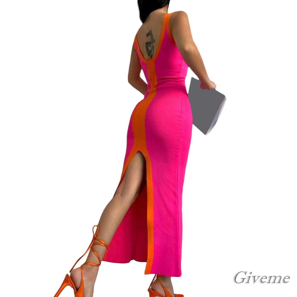 Đầm Midi Dệt Kim Sát Nách Cổ Chữ V Màu Sắc Tương Phản Thời Trang Cho Nữ