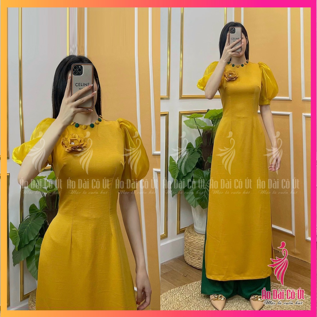 Áo dài truyền thống lụa tây thi tay bồng phối tơ cổ tròn đính cúc kết hoa ngực cách điệu