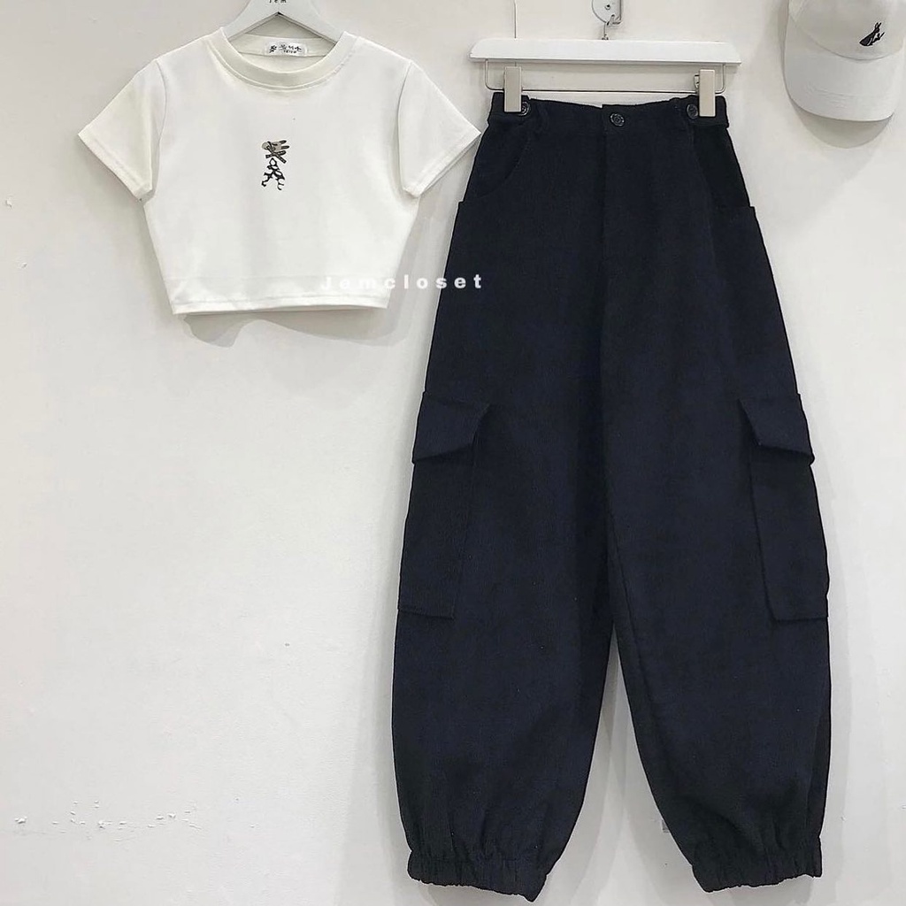 Quần Jogger Nữ Ống Rộng JEM CLOSET Bo Chân Quần Jogger Túi Hộp Nữ PELPAL Chất Nhung Gân Eo Tùy Chỉnh Form Siêu Xinh 2641